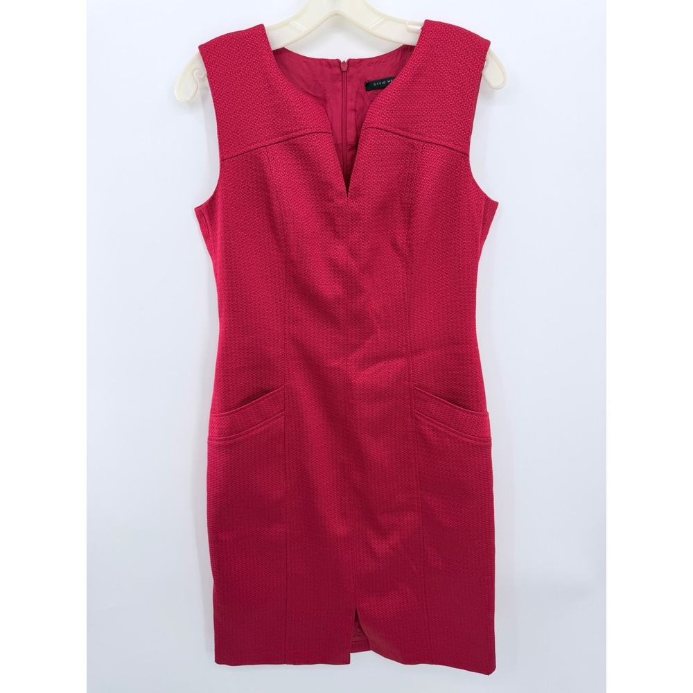 David Meister Sheath Dress Women 6 Red V-Neck Sleeveless Textured Pockets USA